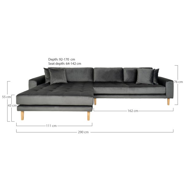 Riviera lounge sofa mrkegr velour, venstrevendt Lngde p 290 cm