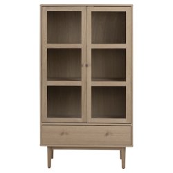 Nrum 80 cm vitrineskab i hvidpigmenteret ege finer med 2 glasdre, hylder og bred skuffe