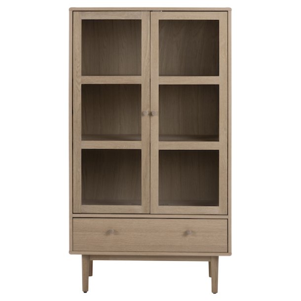 Nrum 80 cm vitrineskab i hvidpigmenteret ege finer med 2 glasdre, hylder og bred skuffe