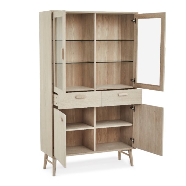 Egeskov vitrineskab i hvidolieret ege finr 187 x 110 cm med soft close og indbygget LED lys