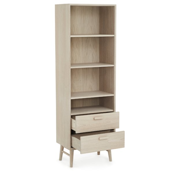 Egeskov bogreol i hvidolieret ege finr 187 x 60 cm med soft close skuffer