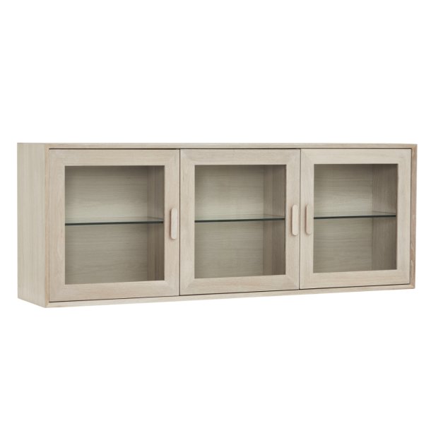 Egeskov hængevitrine i hvidolieret ege finér 160 x 60 cm med 3 skabe med indbygget LED lys