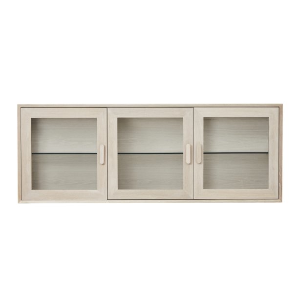 Egeskov hængevitrine i hvidolieret ege finér 160 x 60 cm med 3 skabe med indbygget LED lys