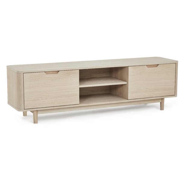 Tsinge TV-bord i hvidolieret ege finr 180 x 45 cm, lger med soft close og ledningsudtrk