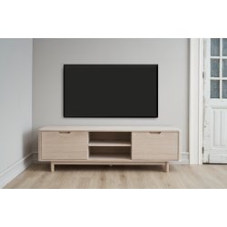 Tsinge TV-bord i hvidolieret ege finr 180 x 45 cm, lger med soft close og ledningsudtrk