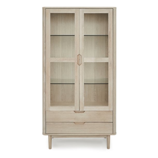 Tsinge vitrineskab i hvidolieret ege finr 190 x 100 cm med soft close og indbygget LED lys