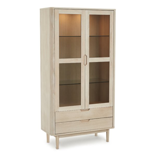 Tsinge vitrineskab i hvidolieret ege finr 190 x 100 cm med soft close og indbygget LED lys