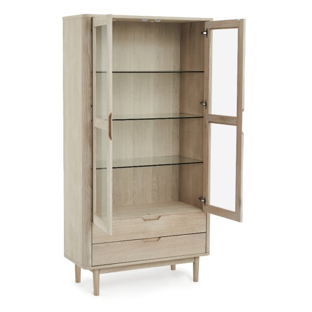 Tsinge vitrineskab i hvidolieret ege finr 190 x 100 cm med soft close og indbygget LED lys