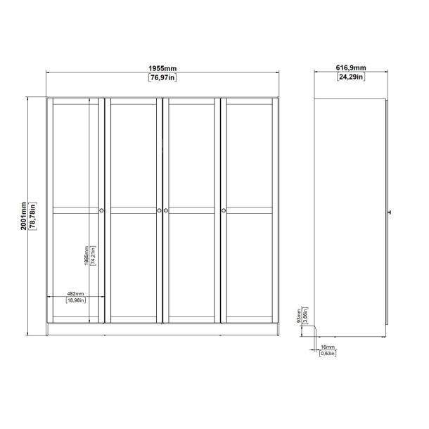 Viborg garderobeskab 195 cm bredt med 4 dre i hvid