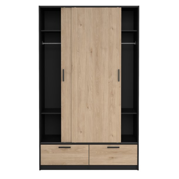 Inline garderobeskab 121 cm bredt, 2 skyded�re, 2 skuffer egelook og sort. 