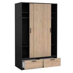 Inline garderobeskab 121 cm bredt, 2 skyded�re, 2 skuffer egelook og sort. 