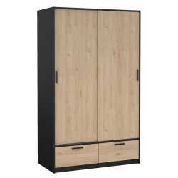 Inline garderobeskab 121 cm bredt, 2 skyded�re, 2 skuffer egelook og sort. 