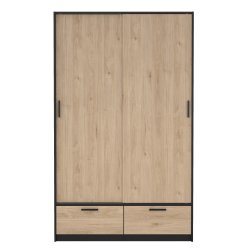 Inline garderobeskab 121 cm bredt, 2 skyded�re, 2 skuffer egelook og sort. 