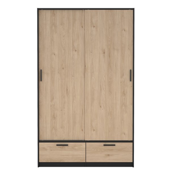 Inline garderobeskab 121 cm bredt, 2 skyded�re, 2 skuffer egelook og sort. 