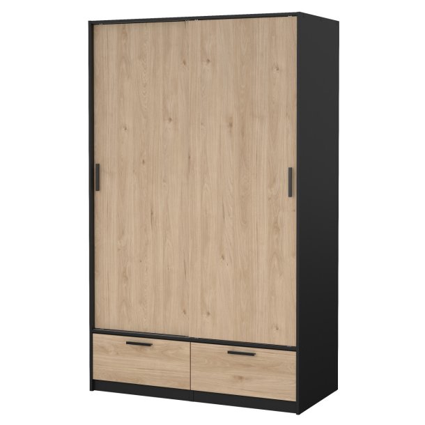 Inline garderobeskab 121 cm bredt, 2 skyded�re, 2 skuffer egelook og sort. 