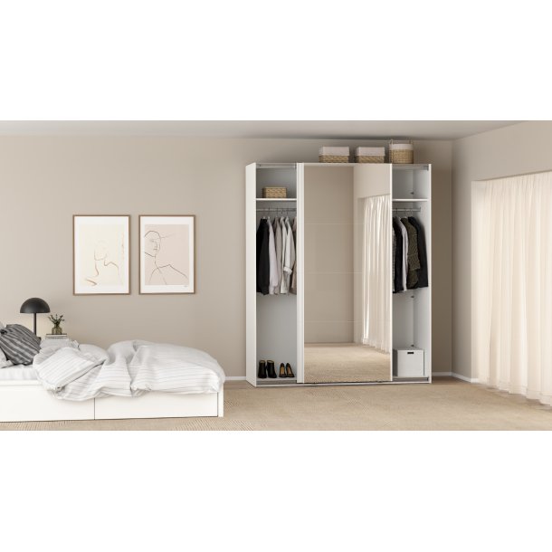  Smart 220  garderobeskab 178,5cm bredt, med spejl og hvid skydedre, samles stende