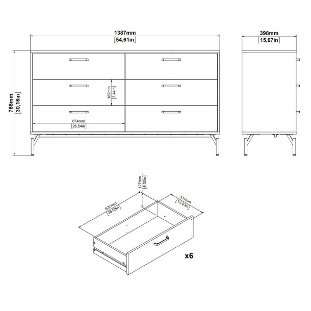 Cup dobbelt kommode 138,7cm  matsort med 6 skuffer