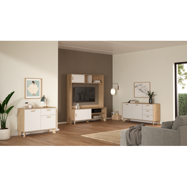 Estate TV reol i hvid egelook med 2 skydelger