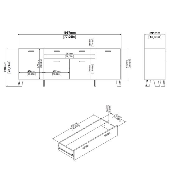 Estate sknk i hvid egelook 196 cm med 4 lger og 1 skuffe