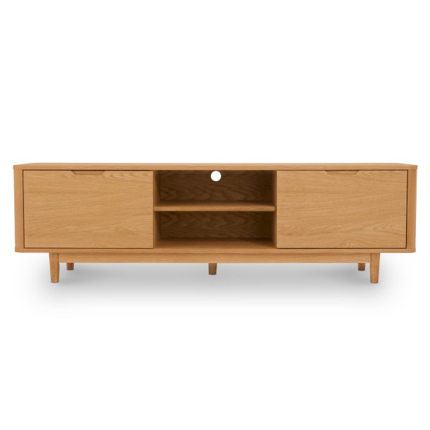 Tsinge TV-bord i naturolieret ege finr 180 x 45 cm, lger med soft close og ledningsudtrk
