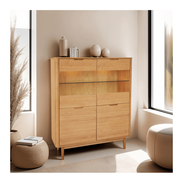 Tsinge sknk i naturolieret ege finr 146 x 124 cm med soft close og indbygget LED lys