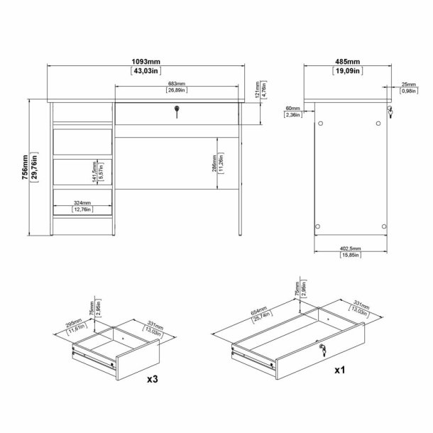 Prestige skrivebord 110 x 49 cm med 4 skuffer i egelook