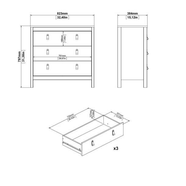 Lund kommode 3 skuffer 80 cm bred fs i flere farver