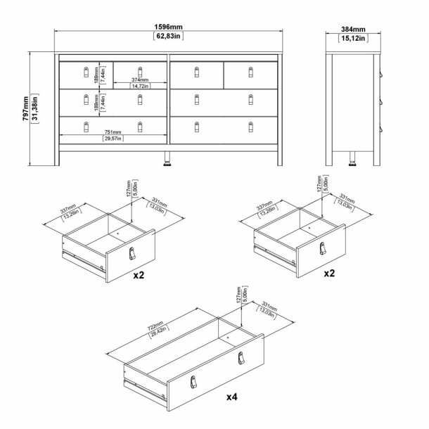 Lund kommode 8 skuffer 160 cm bred fs i flere farver
