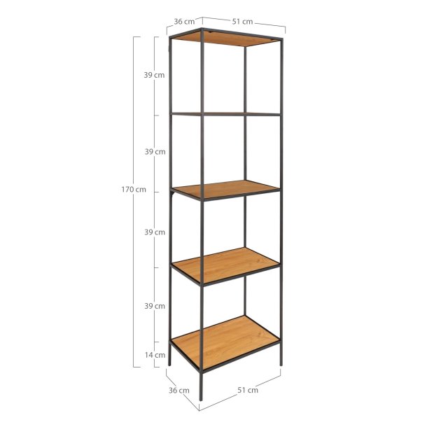Valencia 50 cm reol i sort metalstel og med 5 hylder i ege look. 