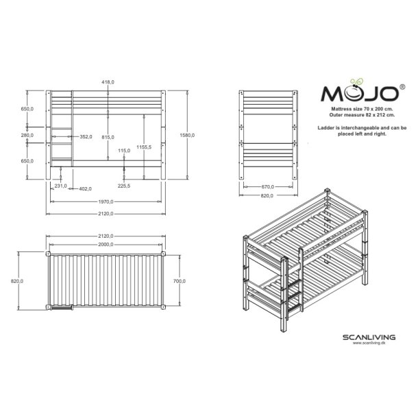 Køjeseng 70 x 200 cm, hvid, delbar, lige stige - 25 års garanti, Scanliving Premium