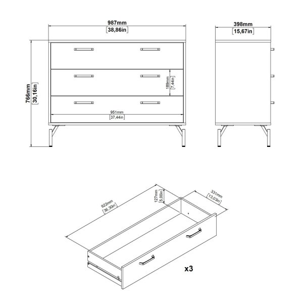 Cup kommode 98,7cm bred, matsort med 3 skuffer