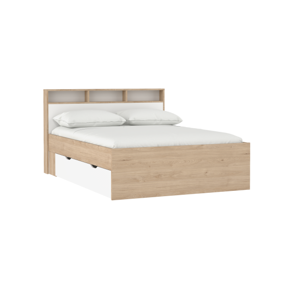 Estate dobbeltseng 140 x 190 cm i hvid egelook m hovedgrde og opbevaring 