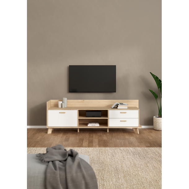 Estate TV bord i hvid egelook 182 cm med 2 skuffer og 1 lge