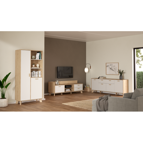 Estate vitrineskab i hvid egelook 188 x 89 cm med justerbare hylder 