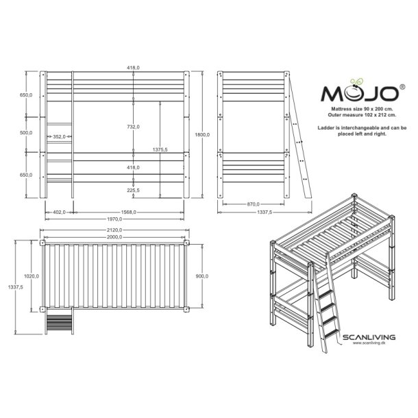 Hjseng 90 x 200 cm, hvid, skr stige, 25 rs garanti, Scanliving Premium