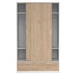 Inline garderobeskab 121 cm bredt, 2 skyded�re, 2 skuffer hvid og egelook. 