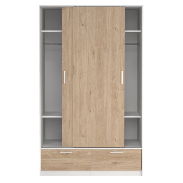 Inline garderobeskab 121 cm bredt, 2 skyded�re, 2 skuffer hvid og egelook. 