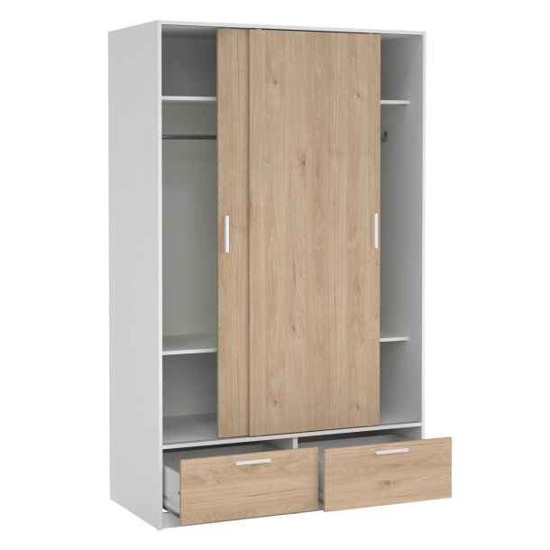 Inline garderobeskab 121 cm bredt, 2 skyded�re, 2 skuffer hvid og egelook. 