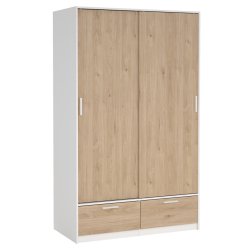Inline garderobeskab 121 cm bredt, 2 skyded�re, 2 skuffer hvid og egelook. 