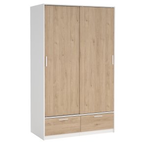 Inline garderobeskab 121 cm bredt, 2 skyded�re, 2 skuffer hvid og egelook. 