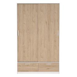 Inline garderobeskab 121 cm bredt, 2 skyded�re, 2 skuffer hvid og egelook. 