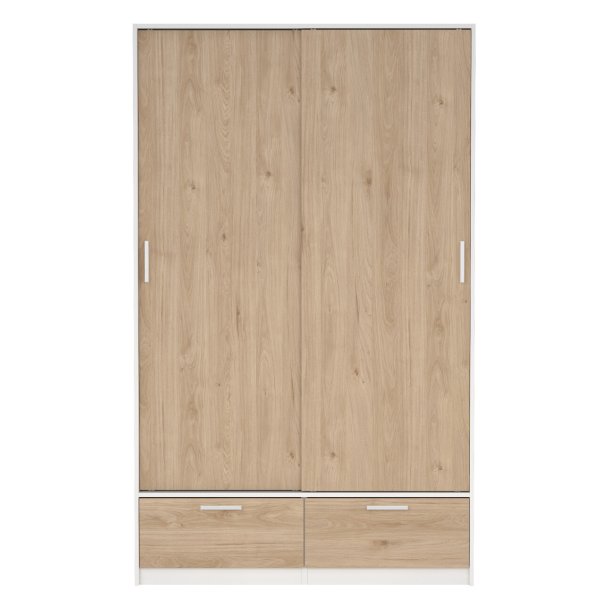Inline garderobeskab 121 cm bredt, 2 skyded�re, 2 skuffer hvid og egelook. 