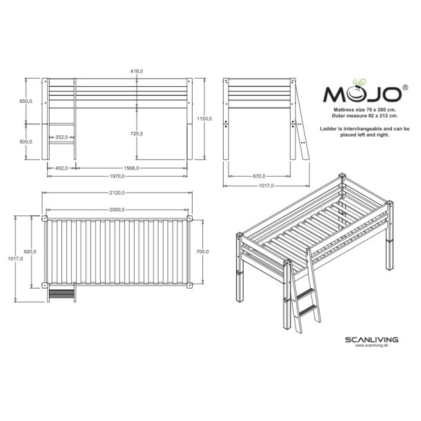 Halvhj seng 70 x 200 cm, hvid, skr stige, 25 rs garanti, Scanliving Premium