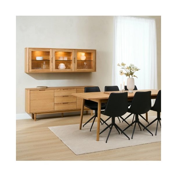 T�singe h�ngevitrine i naturolieret ege fin�r 180x 60 cm, 3 skabe med softclose og indbygget LED lys