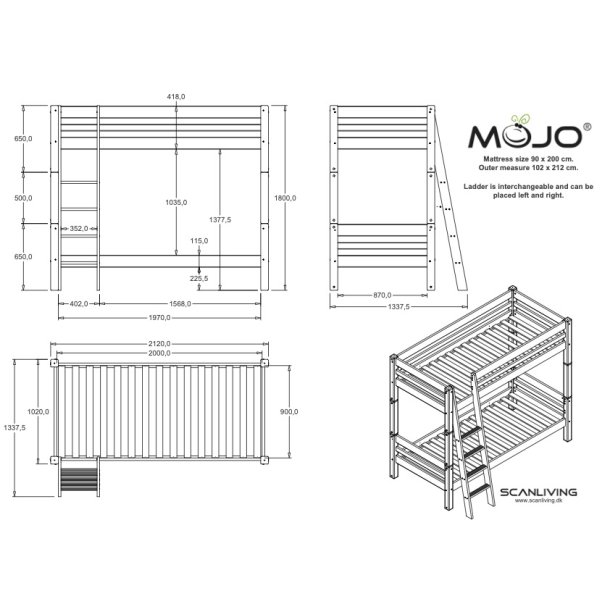 Kjeseng 90 x 200 cm, EXTRA HJ, hvid, delbar, skr stige, 25 rs garanti, Scanliving Premium