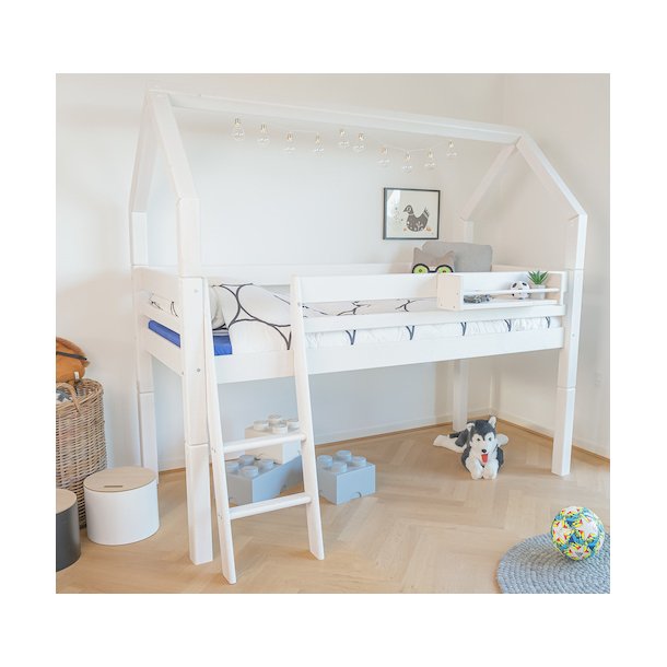 Halvhj seng 70 x 200 cm, hvid, skr stige, 25 rs garanti, Scanliving Premium