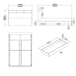 Estate dobbeltseng 140 x 200 cm i hvid egelook m hovedg�rde og opbevaring 