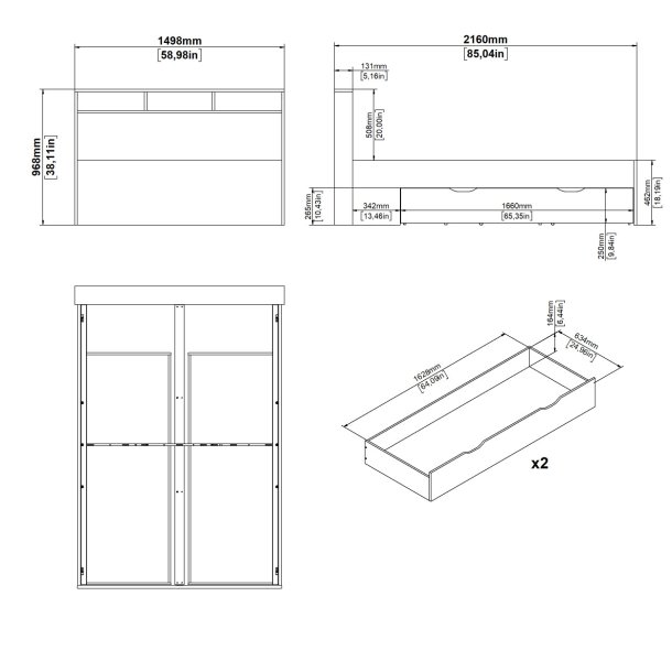 Estate dobbeltseng 140 x 200 cm i hvid egelook m hovedg�rde og opbevaring 