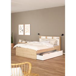 Estate dobbeltseng 140 x 200 cm i hvid egelook m hovedg�rde og opbevaring 