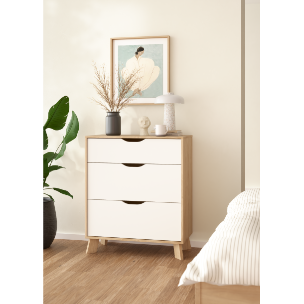 Estate kommode i hvid egelook 78 cm med 3 skuffer